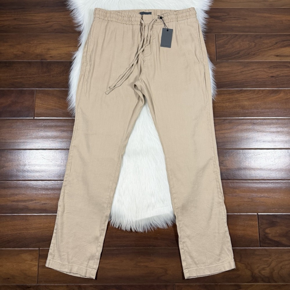 John Varvatos Mens Size 36 Khaki Linen Blend Relaxed Fit Drawstring Campos Pants
